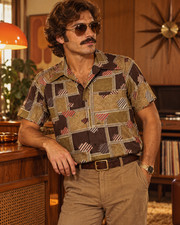 Mens Vintage 70s D'avila Abstract Brown Psychedelic Print Polo Shirt Disco Large picture