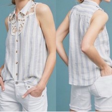 Maeve Anthropologie Linen Striped Sleeveless Top Lace Detail Blue White Small picture