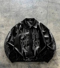 MEN's Black Flame Leather Bomber Jacket picture