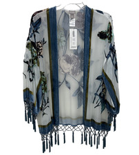 NWT Chico's Tassel Burnout Kimono Jacket 3/4 Slv Jacket S/M Velvet Beads Fringe picture