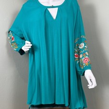 JODIFL Teal Dress With Embroidered Applique Sleeves Tunic Size Medium picture