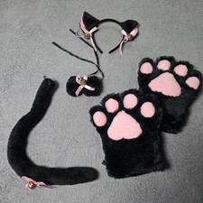 Womens OS Cat Cosplay Set Black Pink Faux Fur Ears Paws Tail Bell picture