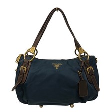 Prada Tessuto Nylon Bauletto Shoulder Bag Large Blue Nylon Leather Buckle Gold picture