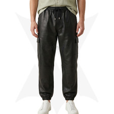 Soft Cow Leather Cargo Joggers Elastic Waist Cargo Pants Men Black Trousers picture