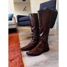 Zinda Brown Patent Croc Pattern Knee Boots picture