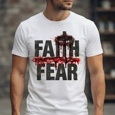 Faith Over Fear T-Shirt | Christian Catholic Cross Thorn Crown Blood picture