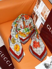 Gucci Flora GG Monogram Floral Print Gray Red Square Scarf Shawl 140x140cm picture