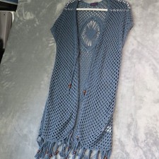 ARTESIA Open Cardigan Sweater Womens Medium Dusty Blue Knit Boho Fringe Festival picture