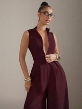 Women's Burgundy Sleeveless V-Neck Solid Wide-Leg Jumpsuit Regular Size M picture