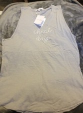 Ever Ellis Tank gray racer back LARGE white embroidered Cheat Day workout top picture