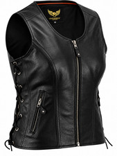 Womens Motorcycle Leather Vest Genuine Cowhide Leather Black Concealed Carry picture