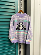 Vintage 1980s Adele Knitwear Pastel Panda Bear Cottage Core Knit Sweater picture