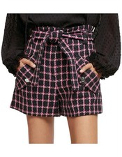 Maje Paris Tweed Shorts Womens US M FR 40 Pink Black Houndstooth High Waist B3 picture