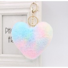 Pastel Rainbow Tie Dye Faux Fur Heart Keychain Plush Bag Charm Goldtone Hardware picture