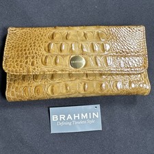 New Brahmin Modern Soft Checkbook Tri-fold Wallet Walnut Melbourne With Pen picture