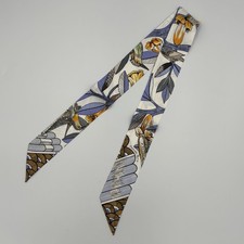 Hermes Tree of Song Twilly Scarf Ivory Blue Orange Bird Floral Feather Print picture