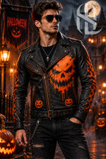 Men's Black Leather Biker Jacket Halloween Orange Skull Gothic Punk Motorcycle picture