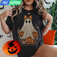 Womens Halloween Cute Lace Ghost Pumpkin Graphic T-Shirt 100% Cotton Tee Top US picture