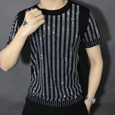 New Men Luxury Diamond Rhinestones Fashion Black T-Shirt High Quality picture