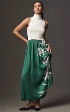 Anthropologie The Thea Twofer Maxi Dress S Green Floral Mock Neck Pleated Sample picture