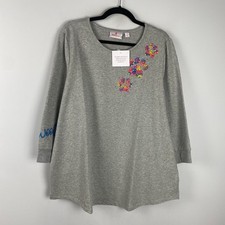 Quacker Factory Petal Paws French Terry Embroidered Top Size 1X Gray Dog picture