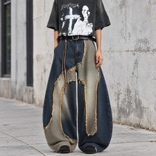 Y2K Patchwork Baggy Jeans Mens Two Tone Frayed Wide Leg Oversized Denim Pants picture