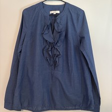 LOFT Blue V-Neck Ruffle Button Long Sleeve Woven Blouse M picture