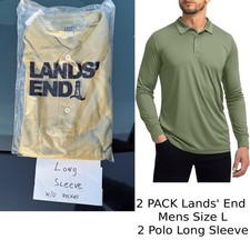 2 Pack Lands' End Mens L Simple Olive Long Sleeve Interlock Cotton Polo Shirt picture