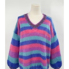 Rose Carmine Mohair Wool Stripe V-Neck Sweater Pink Blue Metallic Handmade S picture