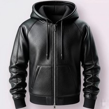 Men's Multicolor Cowhide Leather Zip Hoodie Handmade Genuine Leather Jacket Coat picture