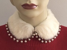 Stunning Vintage Made in Japan BAAR & BEARDS Ivory Rabbit Fur & Pearl Collar  picture