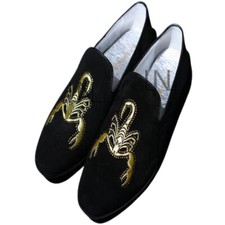 Men's Royal Blue Burnished Slip On Embroider Loafer Real Suede Leather Shoes picture