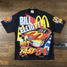 Vintage 90s Bill Elliot NASCAR McDonalds Racing Graphic Single Stitch AOP Shirt picture