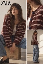 Vintage Style 2025 Zara Chunky Knit Cardigan Brown Cream Stripe Blue Buttons L picture