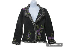 Sz M Vintage UNIQUE JON Cardigan EMBROIDERED Wool Sweater Velvet Trim Y2K Fairy picture