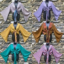Vintage 15 Pc Indian Silk Saree Recycle Bell Sleeve Crop Top Retro 60s Clothing picture