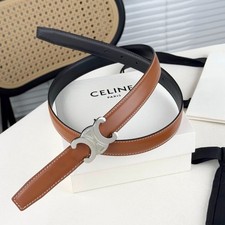 Celine Brown-Black Reversible Genuine Leather Women's Belt Silver Logo, Size 85 picture