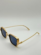 Retro Gold Frame Rectangle Sunglasses - Unisex Vintage Eyewear with Deep Blue L picture