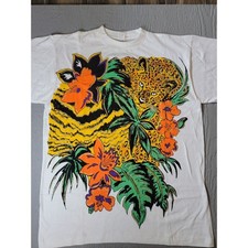 ♡Vintage Pro Ace Cheetah Tropical Glitter Graphic T-Shirt Mens Large White 90s picture