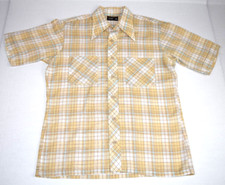 Vintage 70s JCPenney Plaid Shirt Golden Tan Blue Window Size M Cobain Special picture