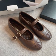 CHAN EL Brown Ballet Flats Mary Leather CC Logo Cap Toe Size 35 36 37 38 39 40 picture