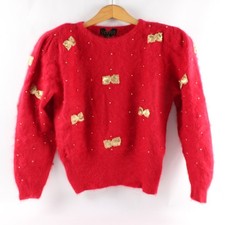 Vintage Classiques Women's S Red Angora Blend Sequin Bow Sweater picture