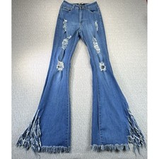 1970s Style Jeans Women 25x33 Blue Distressed Fringed Bell Bottom Flare GP3340-M picture