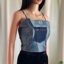 Vtg 90s Y2K Blue Denim Metallic Crop Top L Cybercore Grunge Indie Sleaze Rave picture
