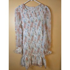 Storia Womens Floral Smocked Mini Dress Long Sleeve Ruffle Cream Peach Size S picture