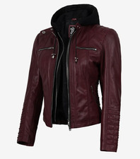 Women's Burgundy Genuine Leather Jacket with Removable Hood | Slim Fit Moto Bike picture