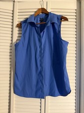 Talbots Wrinkle Resistant Sleeveless Shirt Womens 14 Blue Hidden Button Collar picture