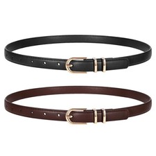 2 Pack Women's Skinny Faux Leather Belts for Jeans, Thin Gold Buckle Fashion Acc picture