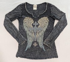 Vocal Shirt Womens M Gray Angel Wing Cross Rhinestone Long Sleeve Graphic Tunic picture