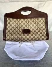 Vintage RARE Gucci GG Monogram Canvas & Brown Leather Cut Out Handle Clutch picture